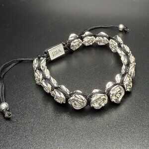 King Baby Studio Black Macrame Adjustable Silvertone Rose Flower Bracelet